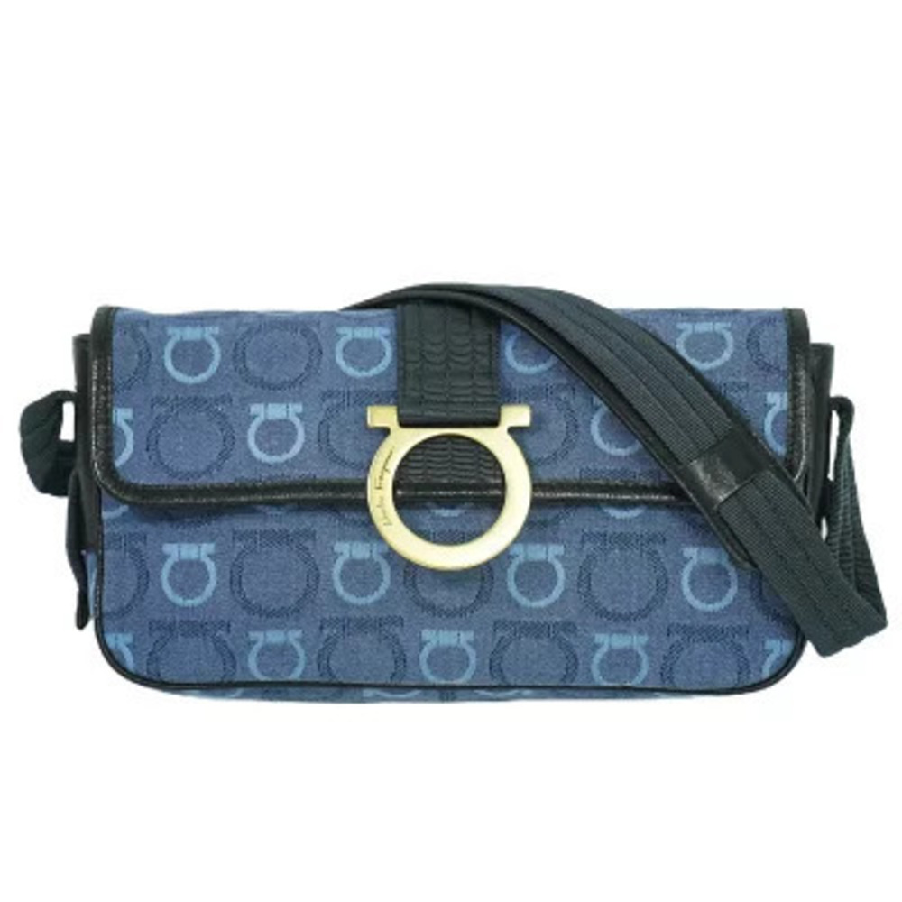 Salvatore Ferragamo Gancini Canvas 2Way Shoulder Bag Blue Black